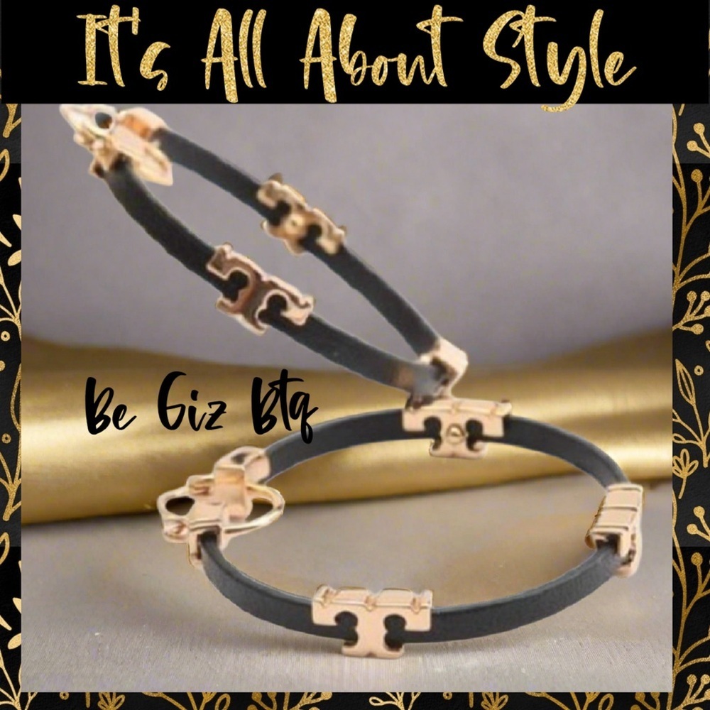 Authentic Tory Burch Gold Black Serif T & Leather Hoop Earrings